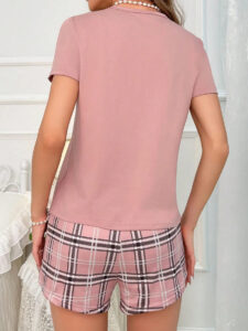 Women's Elegant Light Pink Pajama Set with Square Pocket and Patterned Shorts