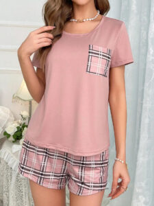 Women's Elegant Light Pink Pajama Set with Square Pocket and Patterned Shorts