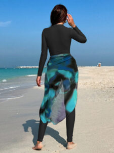 Women's Black Burkini Set - Slim Pants, Long Sleeves, and Colorful Apron