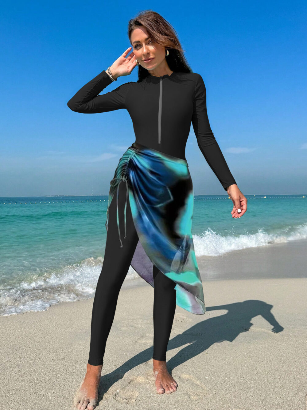 Women's Black Burkini Set - Slim Pants, Long Sleeves, and Colorful Apron