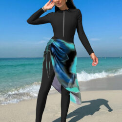 Women's Black Burkini Set - Slim Pants, Long Sleeves, and Colorful Apron