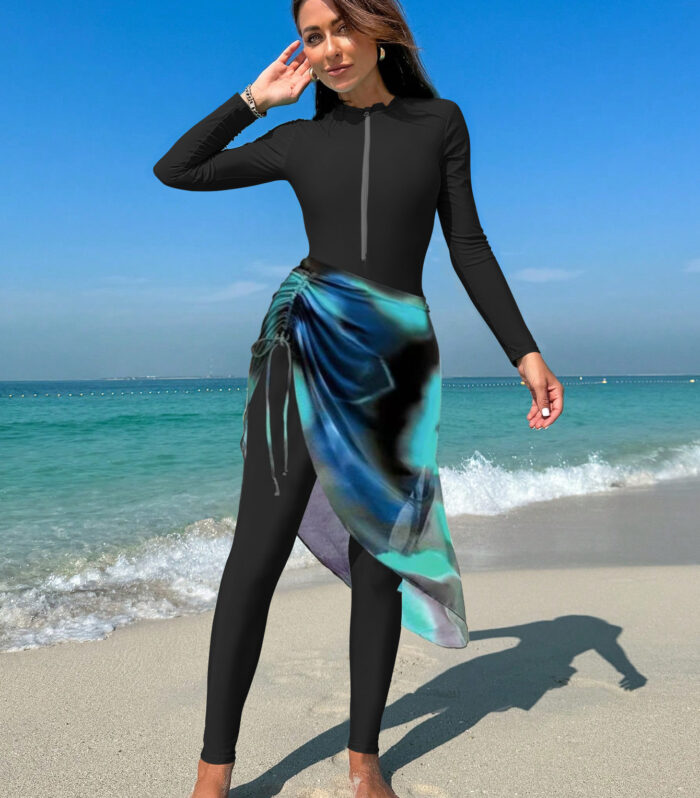 Women's Black Burkini Set - Slim Pants, Long Sleeves, and Colorful Apron