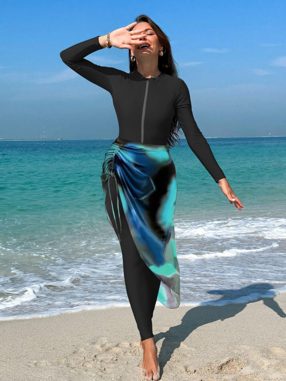 Women's Black Burkini Set - Slim Pants, Long Sleeves, and Colorful Apron