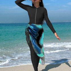 Women's Black Burkini Set - Slim Pants, Long Sleeves, and Colorful Apron
