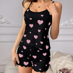 Women's Black Sleep Pajama Set with Pink Heart Print