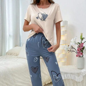 Women's Blue and Beige Pajama Set with Heart Details