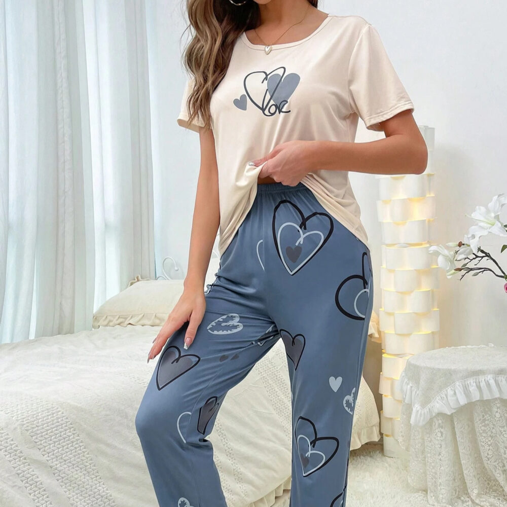 Women's Blue and Beige Pajama Set with Heart Details