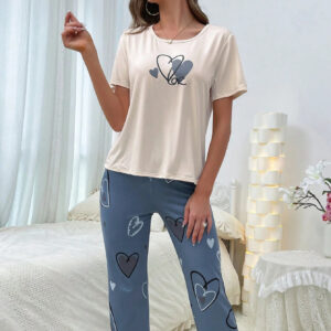 Women's Blue and Beige Pajama Set with Heart Details