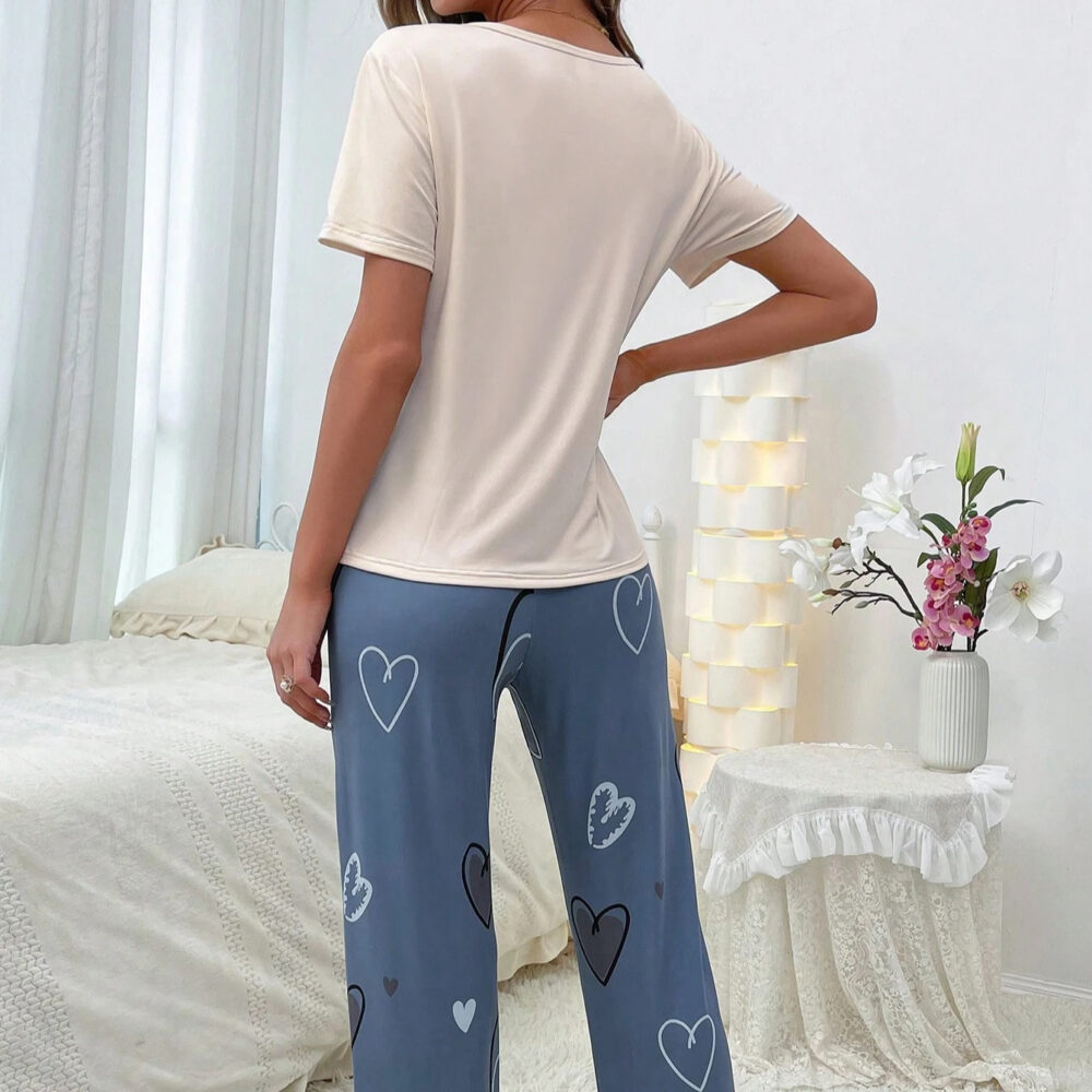 Women's Blue and Beige Pajama Set with Heart Details