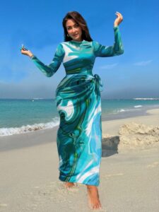 Women's Burkini Set in Aqua Blue, Featuring Slim Long-Sleeve Pants and a Printed Apron