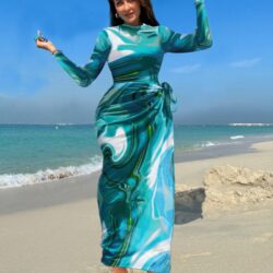 Women's Burkini Set in Aqua Blue, Featuring Slim Long-Sleeve Pants and a Printed Apron