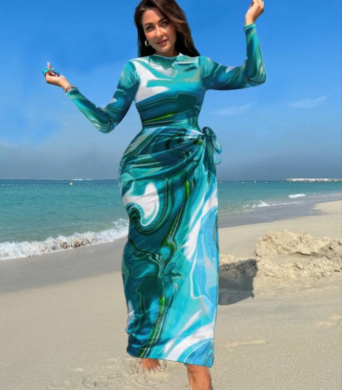 Women's Burkini Set in Aqua Blue, Featuring Slim Long-Sleeve Pants and a Printed Apron