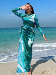 Women's Burkini Set in Aqua Blue, Featuring Slim Long-Sleeve Pants and a Printed Apron