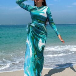Women's Burkini Set in Aqua Blue, Featuring Slim Long-Sleeve Pants and a Printed Apron