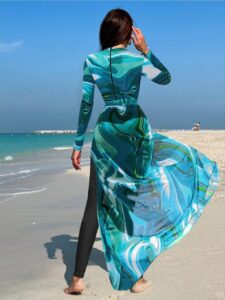 Women's Burkini Set in Aqua Blue, Featuring Slim Long-Sleeve Pants and a Printed Apron