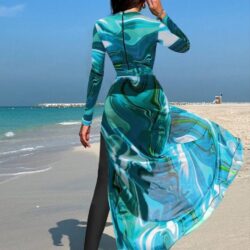 Women's Burkini Set in Aqua Blue, Featuring Slim Long-Sleeve Pants and a Printed Apron