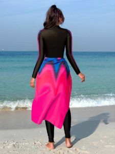 Women's Burkini Set in Black and Light Pink, Featuring Slim Pants and an Apron