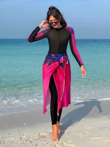 Women's Burkini Set in Black and Light Pink, Featuring Slim Pants and an Apron