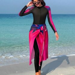 Women's Burkini Set in Black and Light Pink, Featuring Slim Pants and an Apron