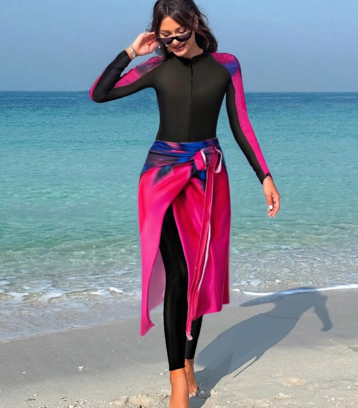 Women's Burkini Set in Black and Light Pink, Featuring Slim Pants and an Apron