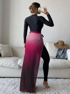 Women's Burkini Set in Black with Light Pink Details, Featuring Slim Pants and an Apron