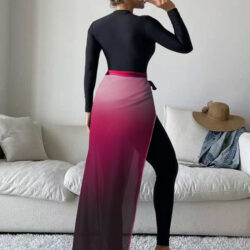 Women's Burkini Set in Black with Light Pink Details, Featuring Slim Pants and an Apron