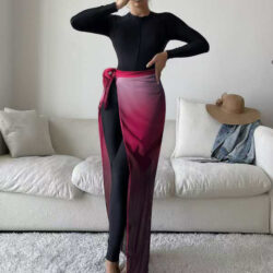 Women's Burkini Set in Black with Light Pink Details, Featuring Slim Pants and an Apron