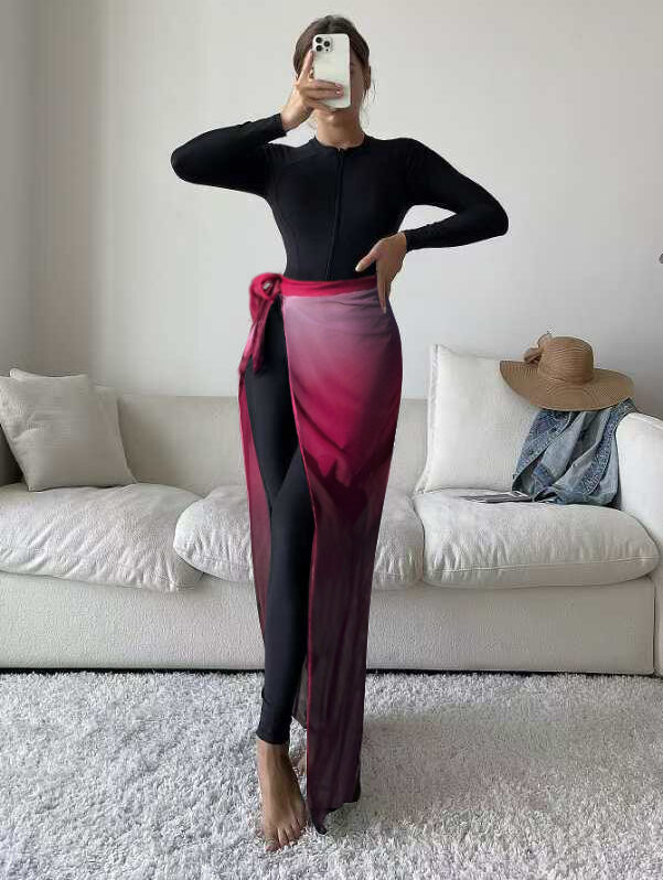 Women's Burkini Set in Black with Light Pink Details, Featuring Slim Pants and an Apron