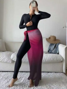 Women's Burkini Set in Black with Light Pink Details, Featuring Slim Pants and an Apron