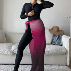 Women's Burkini Set in Black with Light Pink Details, Featuring Slim Pants and an Apron
