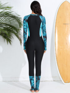 Women's Burkini Set in Black with Printed Blue Details, One-Piece Design