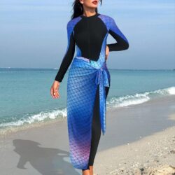 Women's Burkini Set in Dark Blue, Featuring Slim Pants and an Apron