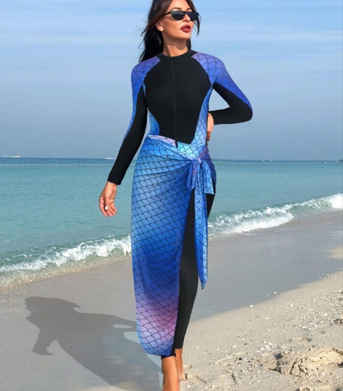 Women's Burkini Set in Dark Blue, Featuring Slim Pants and an Apron