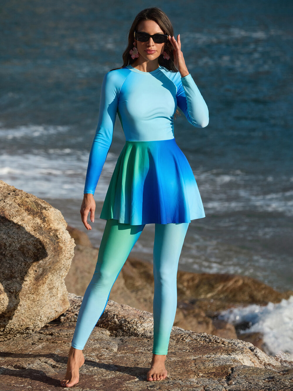 Women's Burkini Set in Light Blue, Featuring Slim Pants and an Apron