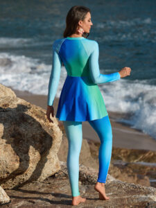 Women's Burkini Set in Light Blue, Featuring Slim Pants and an Apron