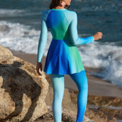 Women's Burkini Set in Light Blue, Featuring Slim Pants and an Apron