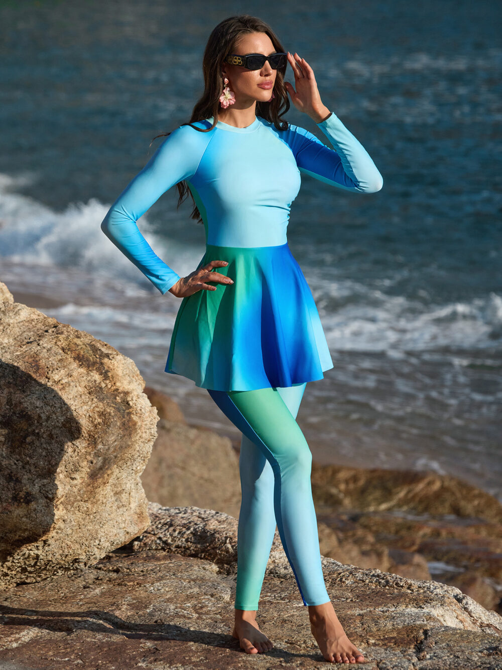 Women's Burkini Set in Light Blue, Featuring Slim Pants and an Apron