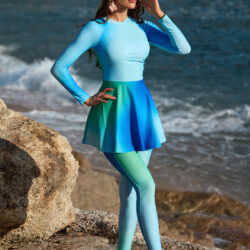 Women's Burkini Set in Light Blue, Featuring Slim Pants and an Apron