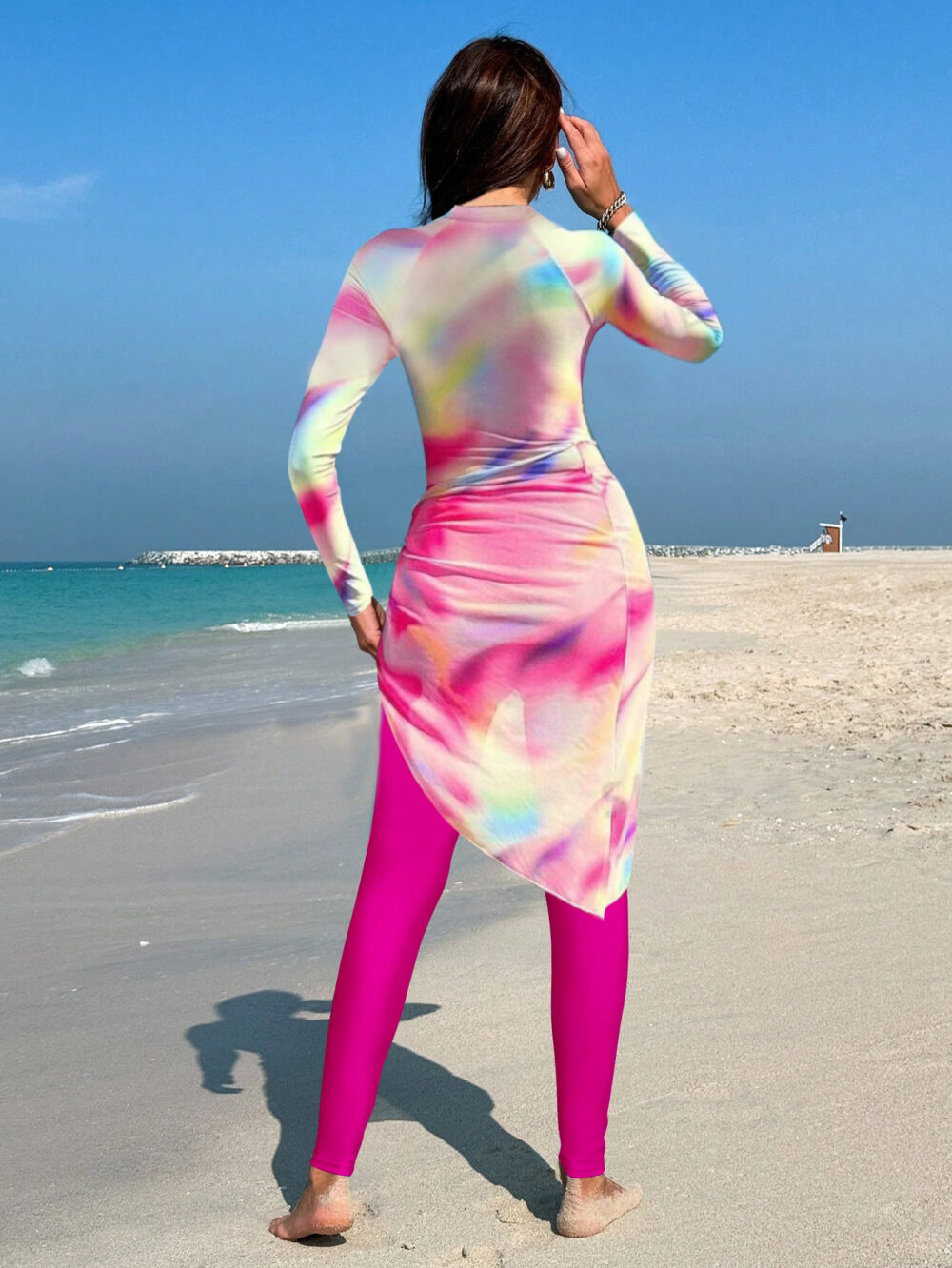 Women's Burkini Set in White and Light Pink, Featuring Slim Pants and an Apron