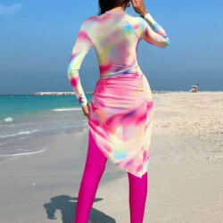Women's Burkini Set in White and Light Pink, Featuring Slim Pants and an Apron