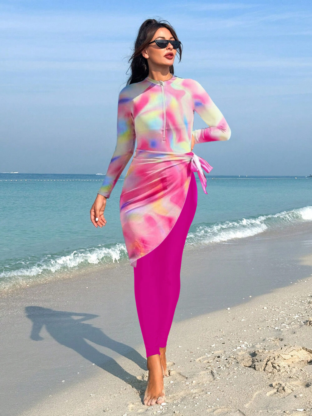 Women's Burkini Set in White and Light Pink, Featuring Slim Pants and an Apron