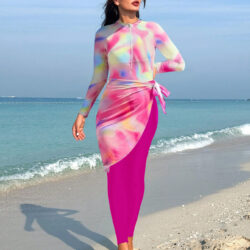 Women's Burkini Set in White and Light Pink, Featuring Slim Pants and an Apron
