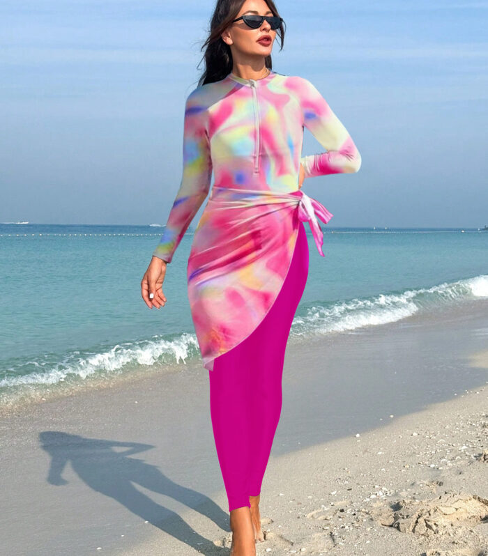 Women's Burkini Set in White and Light Pink, Featuring Slim Pants and an Apron