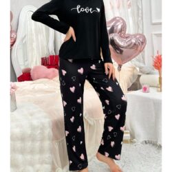 Women's Elegant Black Pajama Set with Heart Prints
