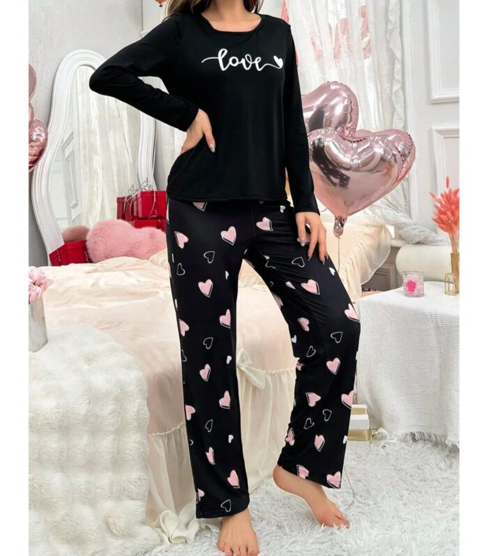 Women's Elegant Black Pajama Set with Heart Prints