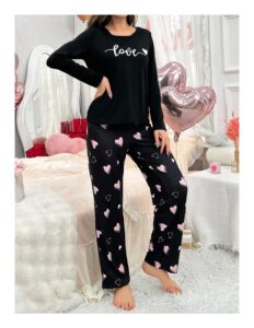 Women's Elegant Black Pajama Set with Heart Prints