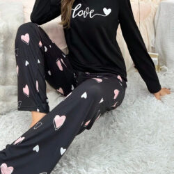 Women's Elegant Black Pajama Set with Heart Prints