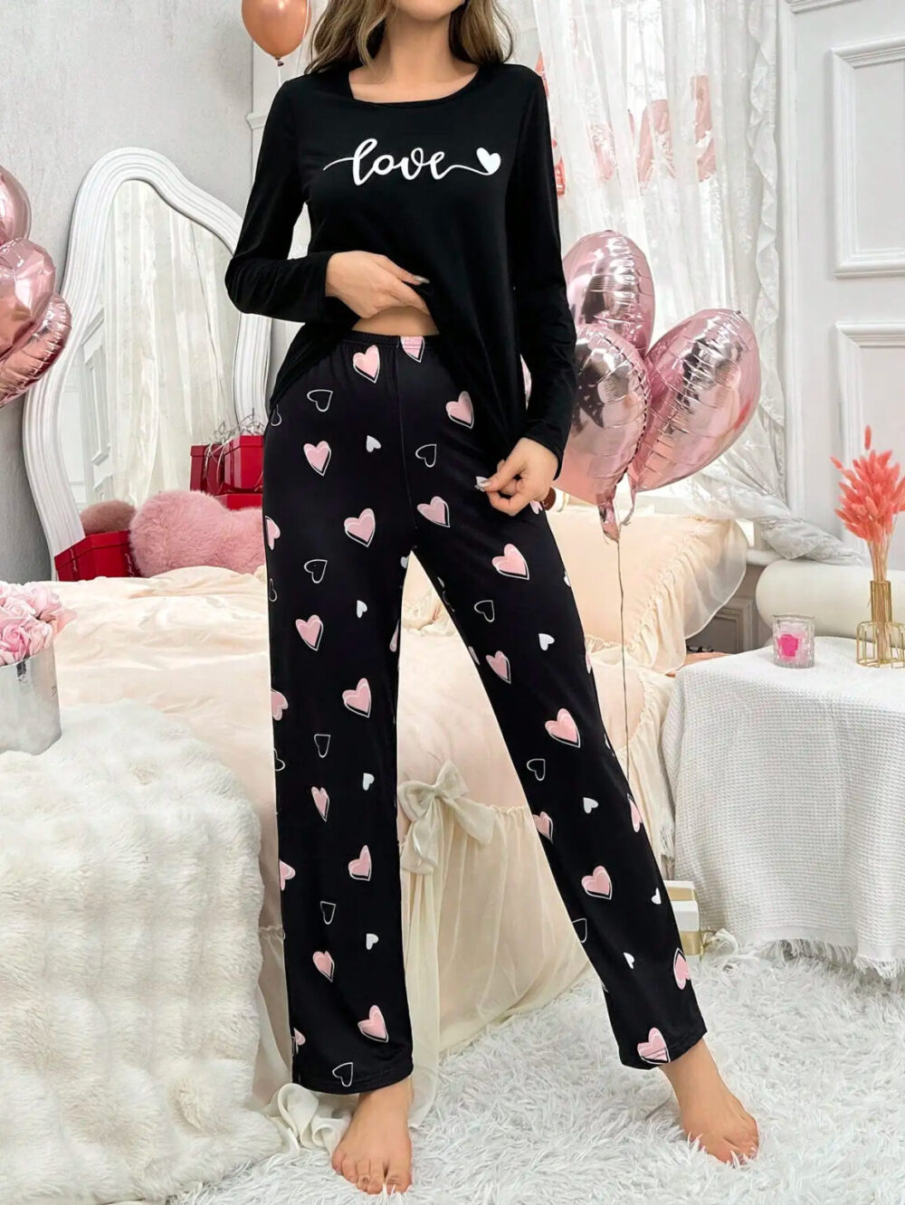 Women's Elegant Black Pajama Set with Heart Prints