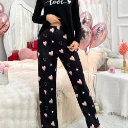 Women's Elegant Black Pajama Set with Heart Prints