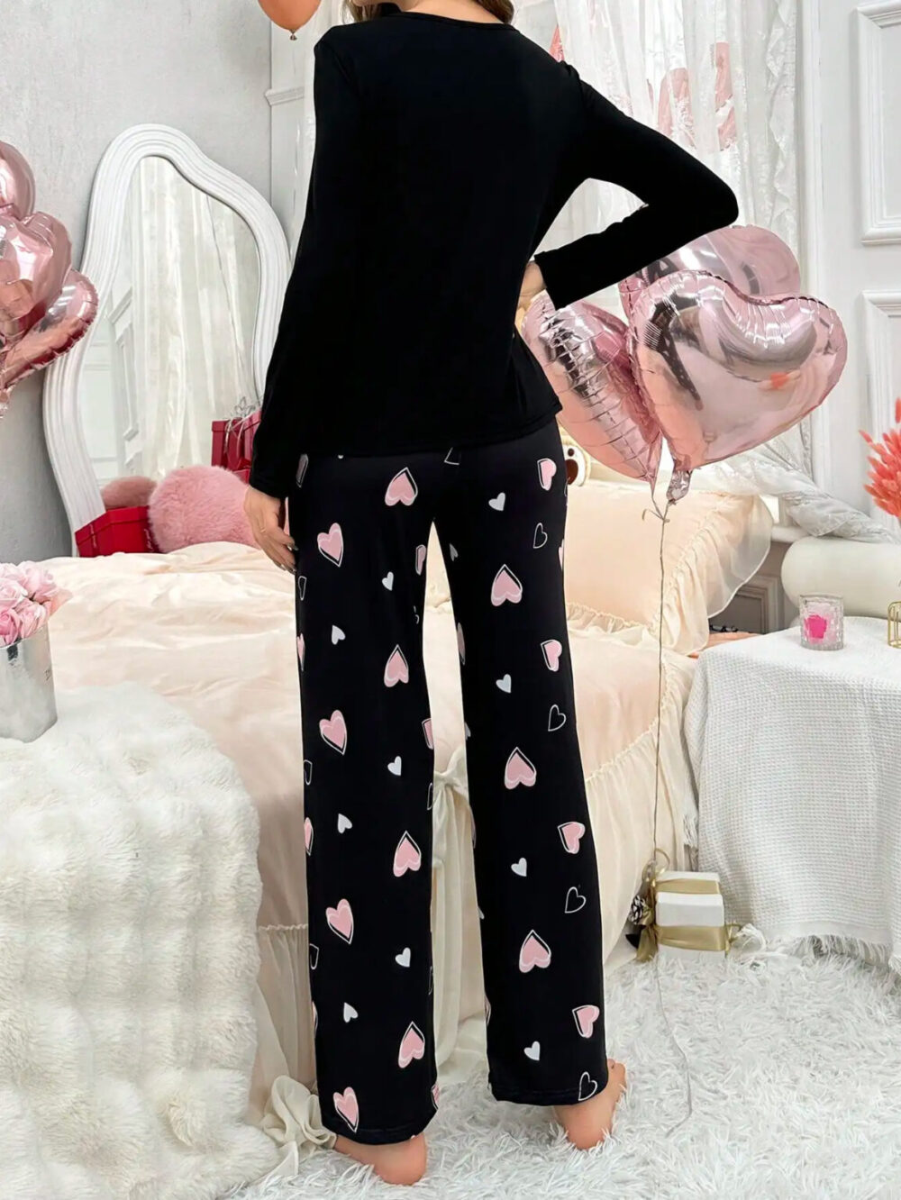 Women's Elegant Black Pajama Set with Heart Prints